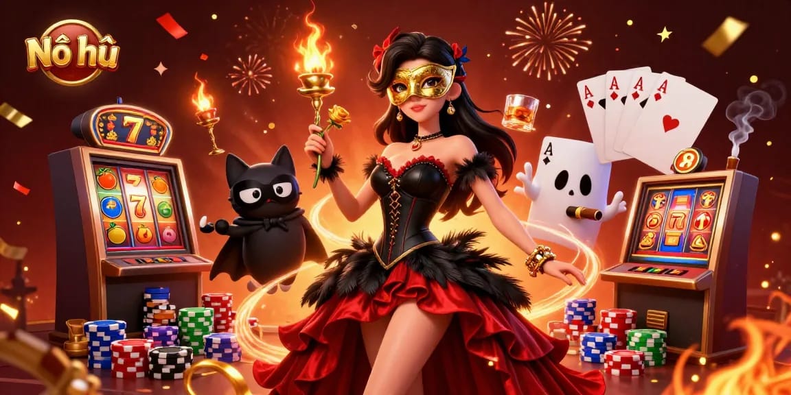 Nổ hũ games showcase vibrant slot reels and a dramatic scene filled with poker elements and confetti.