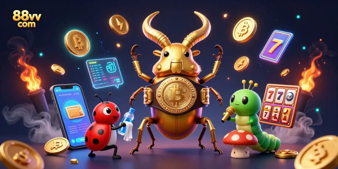 Engage with the exciting world of 88vv com featuring vibrant slot reels, colorful characters, and crypto elements.
