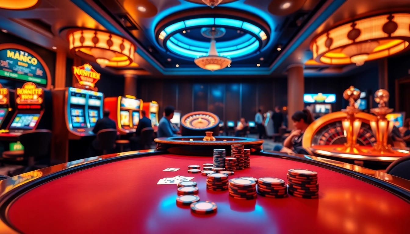 Experience thrilling gameplay at May88's vibrant casino, featuring poker tables and roulette wheels.