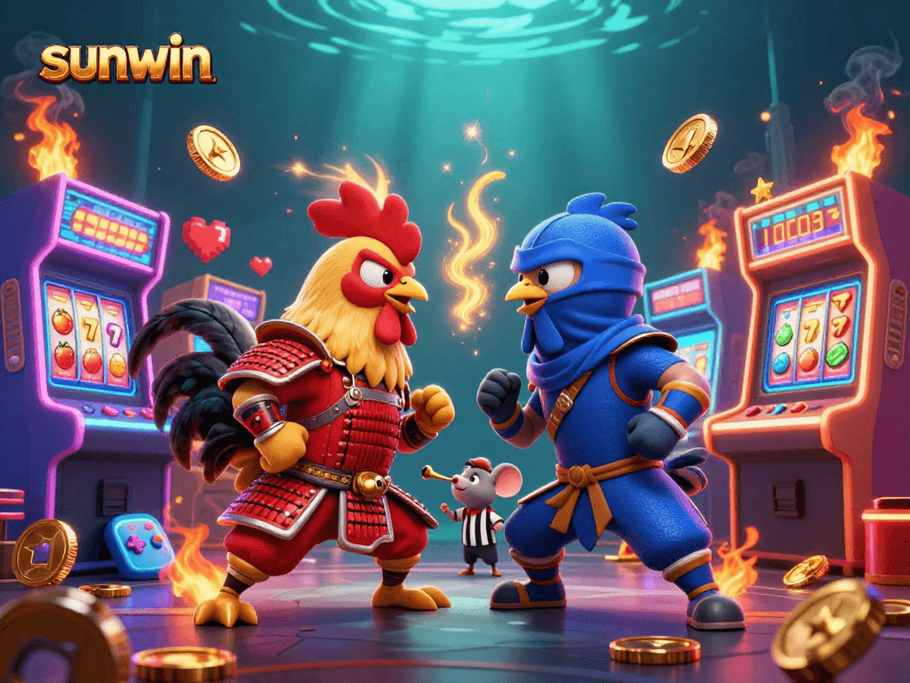 Engaging battle scene with sunwin characters, cartoon roosters in samurai and ninja outfits amidst dynamic casino elements.
