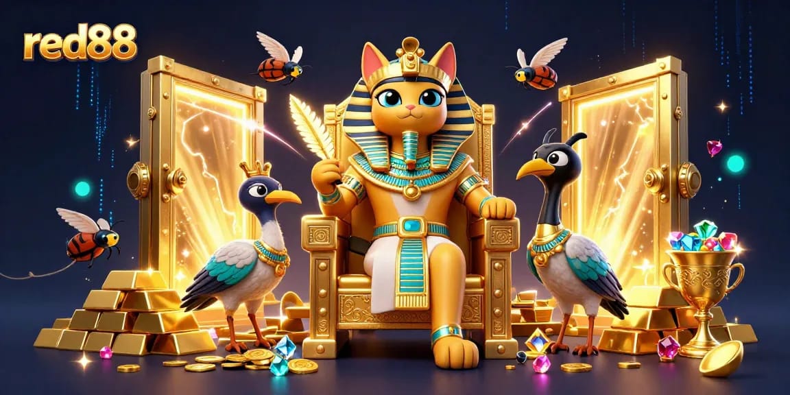 Experience the excitement of red88 with our vibrant illustration of a pharaoh cat surrounded by treasures of the casino.