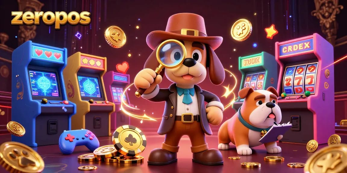 Zeropos enhances gaming with a dynamic 3D scene featuring a detective and casino clues.