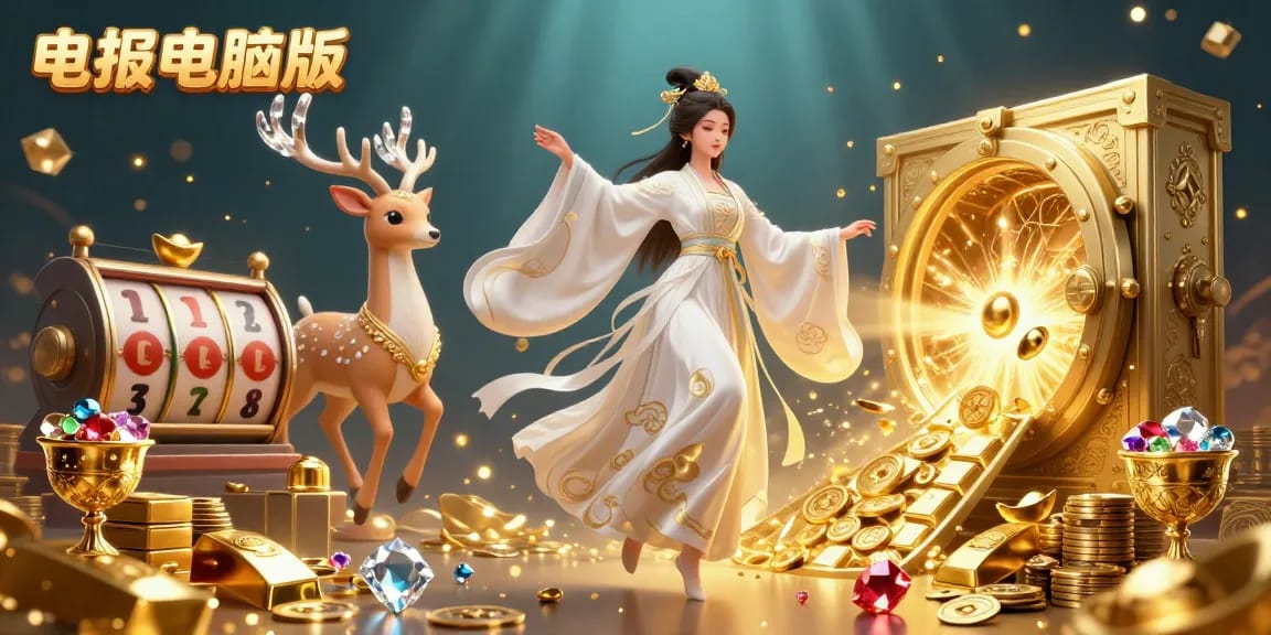 在这个充满活力的3D赌场插图中，旋转赢取电报电脑版，展现动态的老虎机转轮和宝藏。