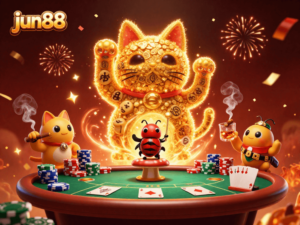 Experience thrilling gameplay at jun88 with our vibrant golden lucky cat illustration, perfect for casino lovers.