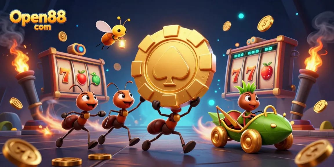 Experience thrilling gaming adventures with Open88 com in this vibrant 3D casino illustration.
