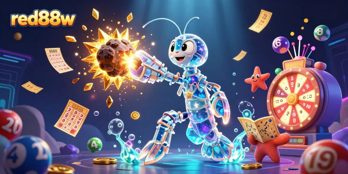 Experience the vibrant world of red88w as galactic samurai and starfish navigate a cosmic lottery scene filled with excitement.