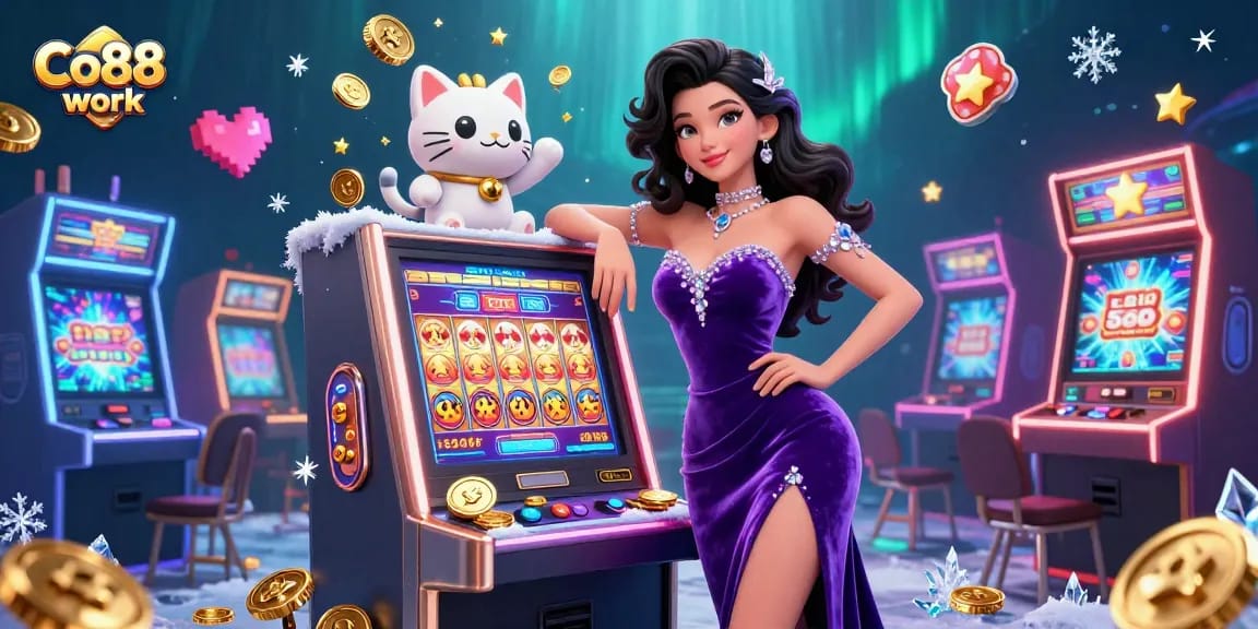 Experience the excitement of Co88 work with a glamorous jackpot scene featuring a stunning woman, slot machine, and fortune cat.