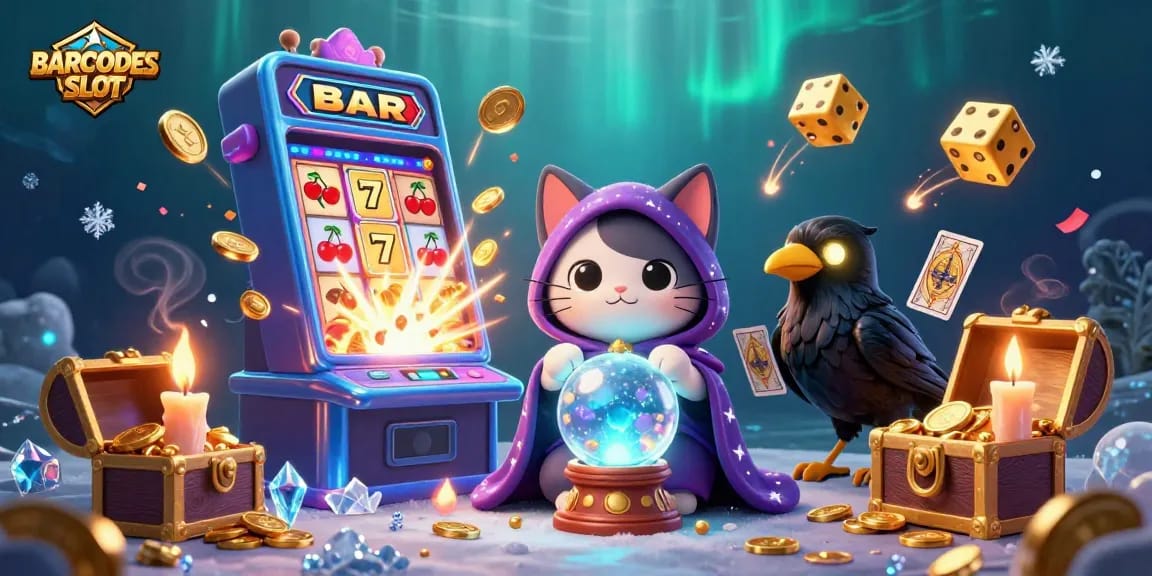 Spin the BARCODESLOT with captivating visuals of fortune tellers, slot machines, and gold coins bursting with luck.