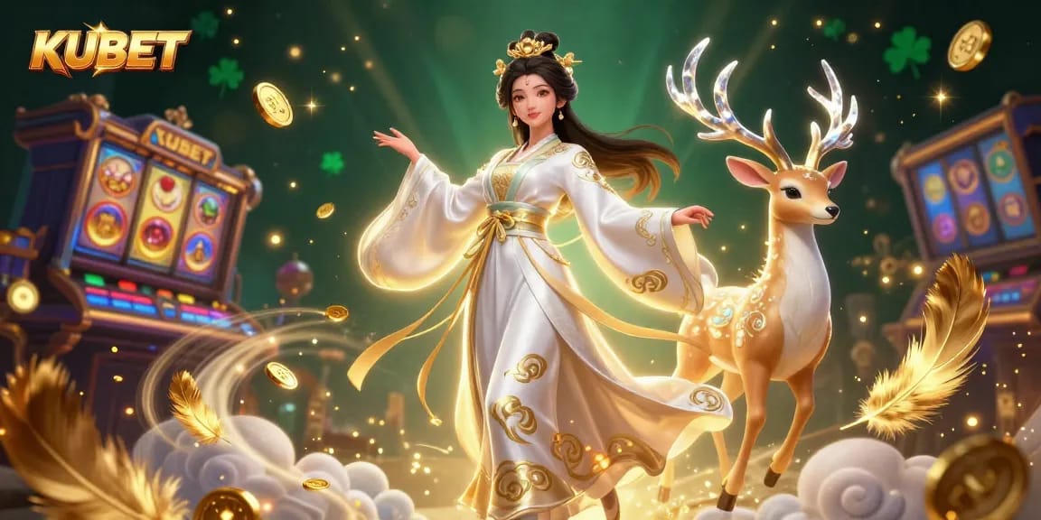 KUBET casino illustration showcasing vibrant slot games with celestial elements and dynamic energy