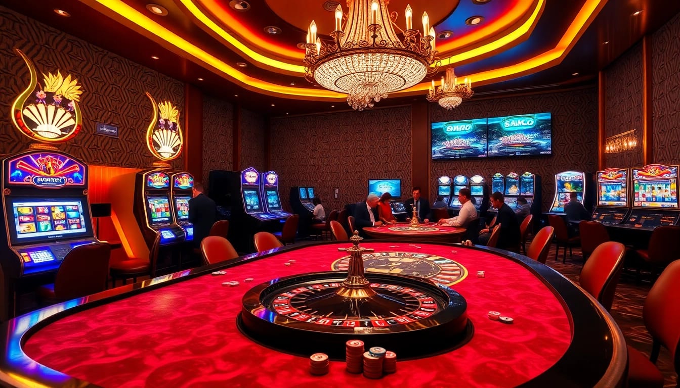 Exciting players at a vibrant casino table engaging in various games, showcasing mmoo gaming excitement.