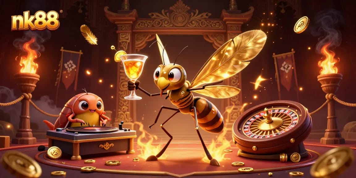 Experience nk88 excitement with a frozen-in-amber mosquito mascot at a vibrant casino scene.