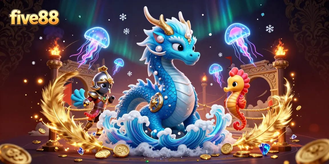 Engage with five88's vibrant casino atmosphere featuring a water dragon and seahorse knight.