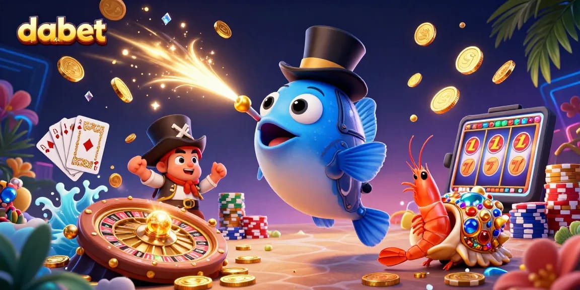 dabet showcases an exciting casino scene featuring vibrant underwater characters attracting golden coins