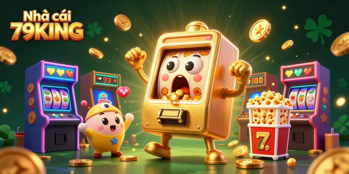 Experience excitement with Nhà cái 79KING as a golden slot machine hits the jackpot with cheering supports in a vibrant casino setting.