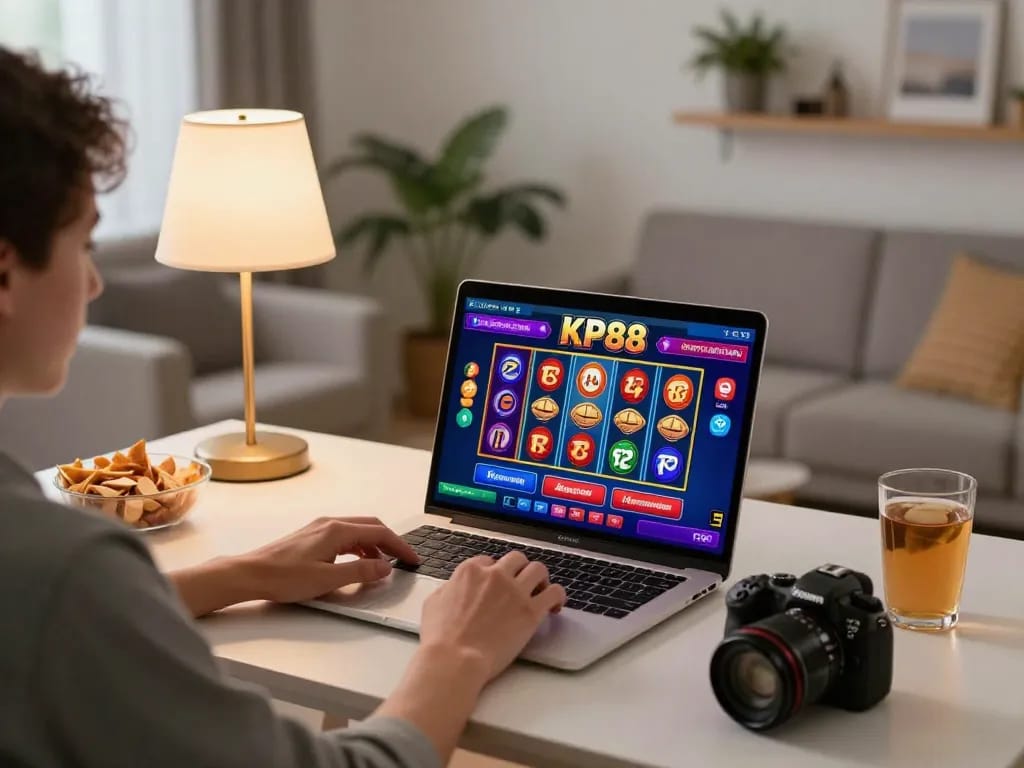 Engaging KP88 online gambling experience showcasing a player immersed in casino action at home.