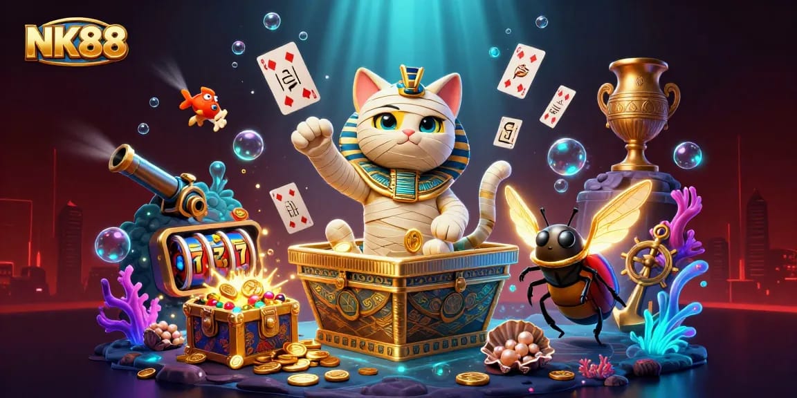 Experience NK88 with vibrant gaming elements and captivating characters in a dynamic casino scene.