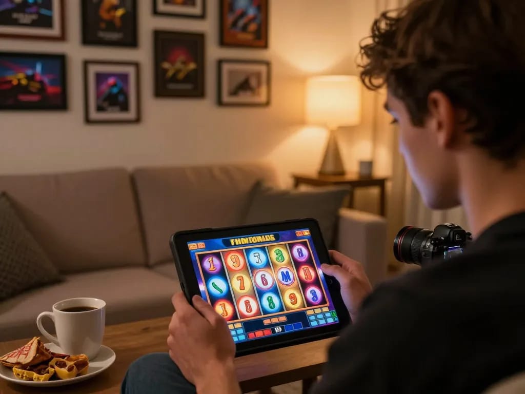 Player engaging with dynamic tg 88 slot game on tablet at home, showcasing thrilling online gambling atmosphere.