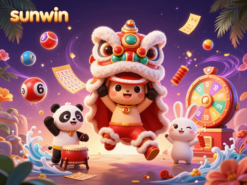 Sunwin offers engaging lottery excitement with a vibrant 3D casino illustration featuring animated characters and dynamic game elements.