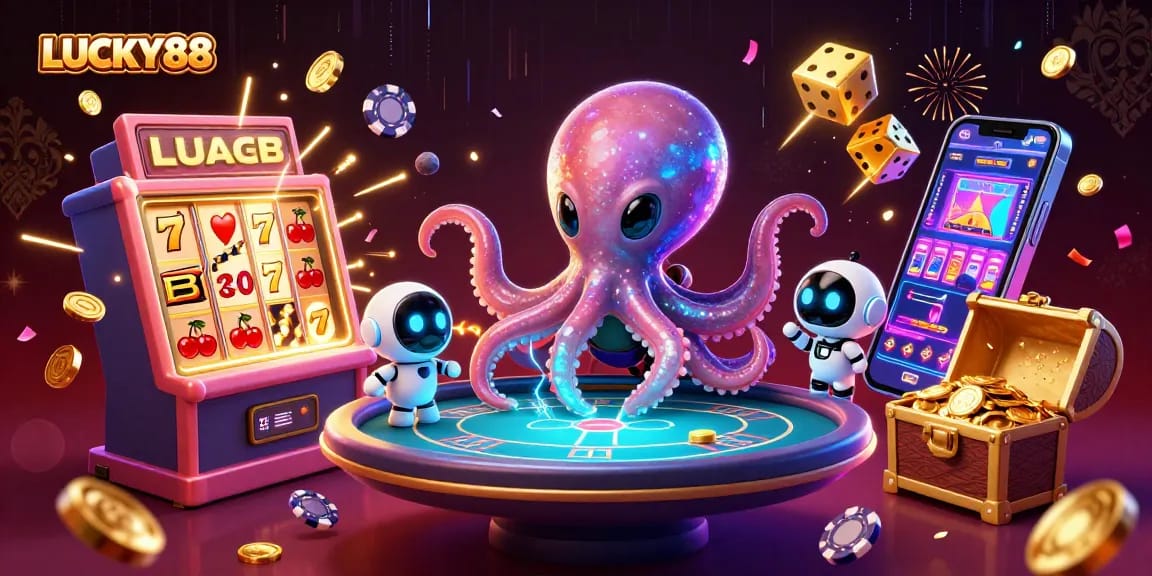 Experience thrilling gameplay at LUCKY88 with a dynamic scene featuring an alien octopus and a robot playing holographic poker.