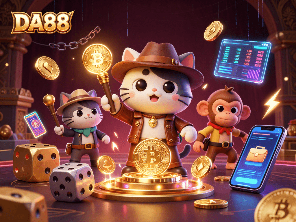 Experience thrilling gameplay at DA88, featuring a cat exploring a treasure-filled casino temple.