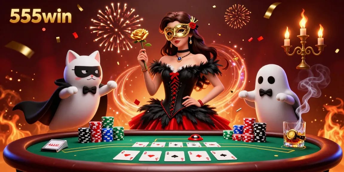 Wager with 555win in this vivid 3D scene featuring dynamic poker elements and a glamorous character.