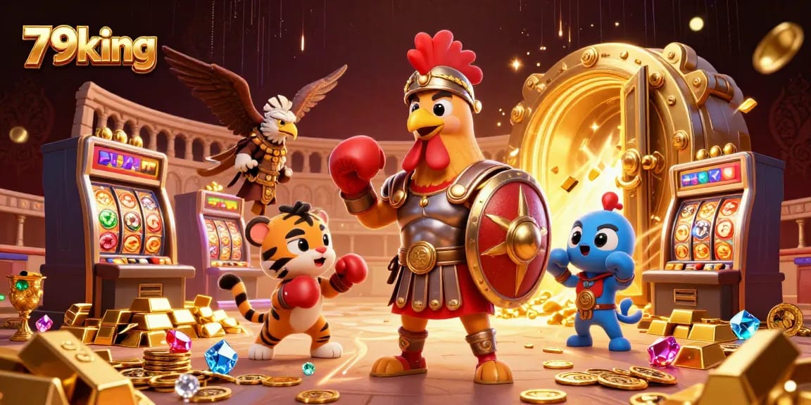 Engage with the vibrant 79king casino scene featuring a gladiator rooster and dynamic slot machines.