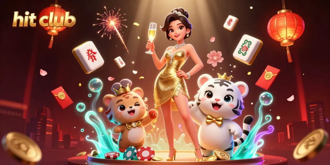 Experience winning moments at hit club with a glamorous woman and a lucky tiger amidst vibrant casino elements.