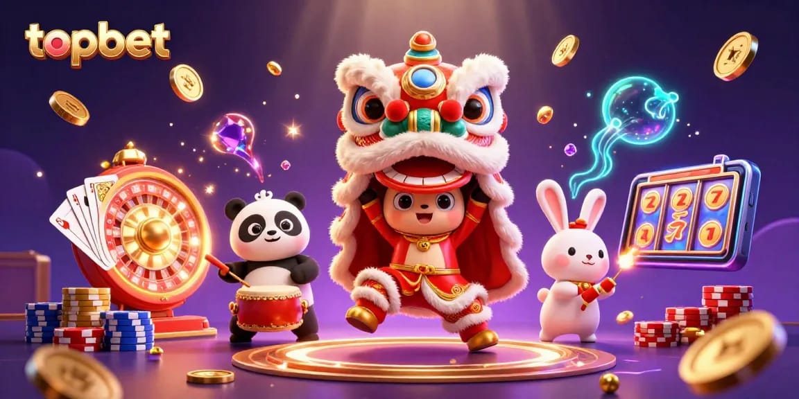 Experience thrilling gameplay with topbet in a vibrant 3D illustration featuring a festive casino scene.