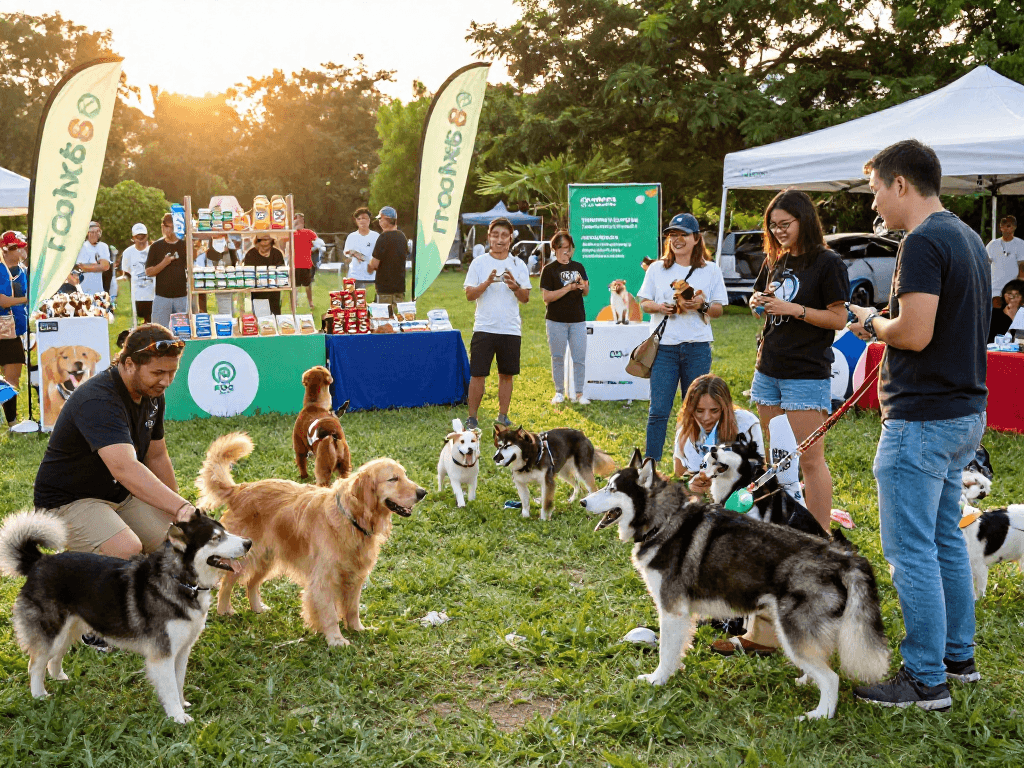 Community gathering of pet lovers sharing tips and experiences at a 'rokok88' event with various dog breeds.
