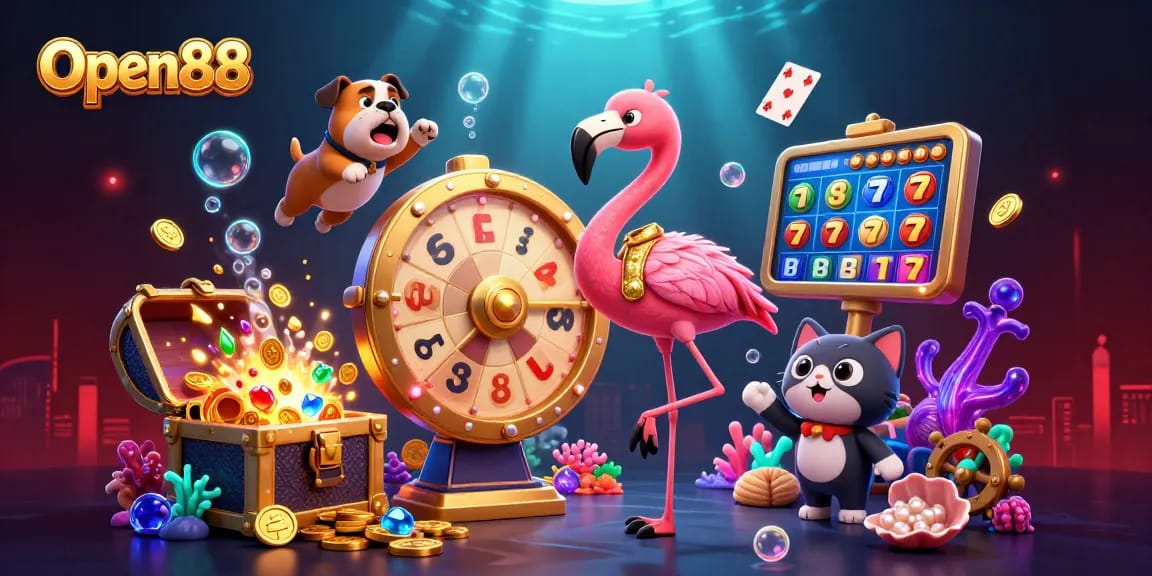 Open88 presents an exciting online casino experience with vibrant characters and dynamic gaming elements.