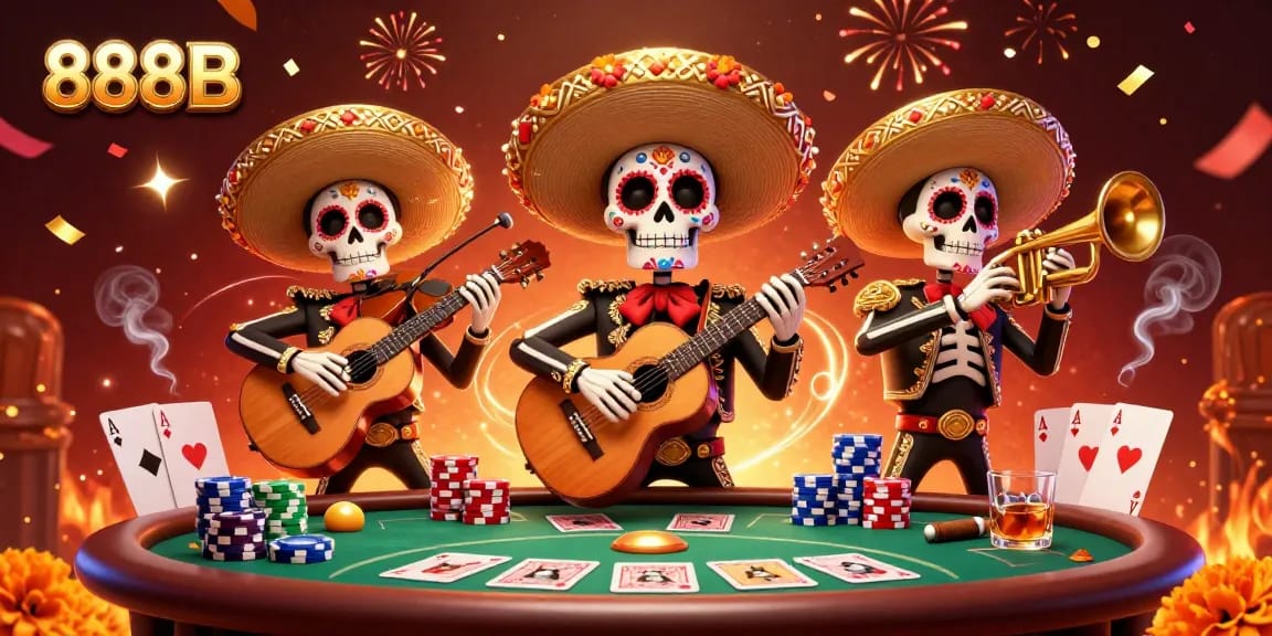 Engage with the vibrant energy of 888B's casino scene featuring a mariachi band and poker elements.