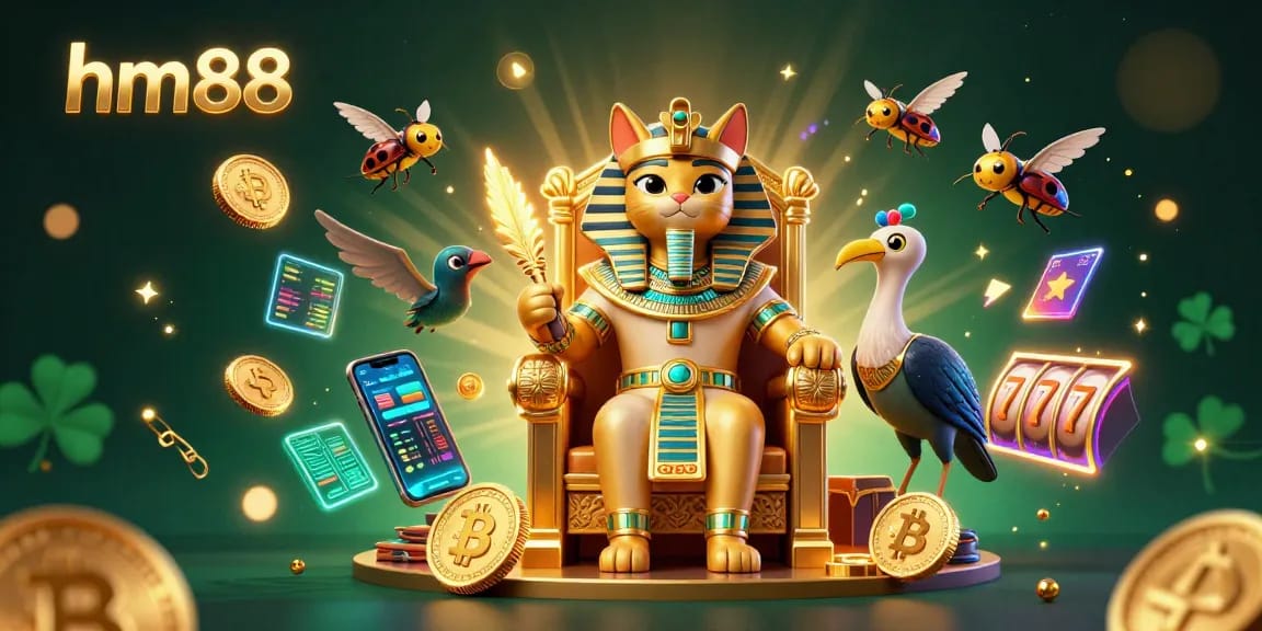 Experience thrilling action with hm88 as an Egyptian pharaoh cat oversees vibrant casino games and cryptocurrency