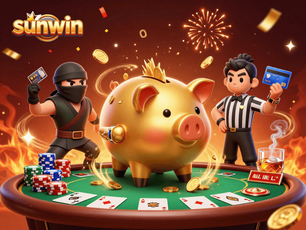 Sunwin showcases an animated battle of a golden piggy bank sumo wrestler, wallet ninja, and credit card samurai while celebrating winnings.