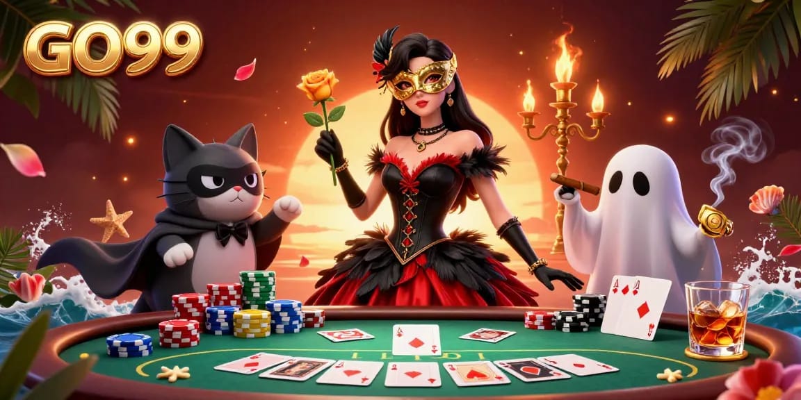 Experience thrilling gameplay at GO99 casino with vibrant illustrations of poker action and casino excitement.