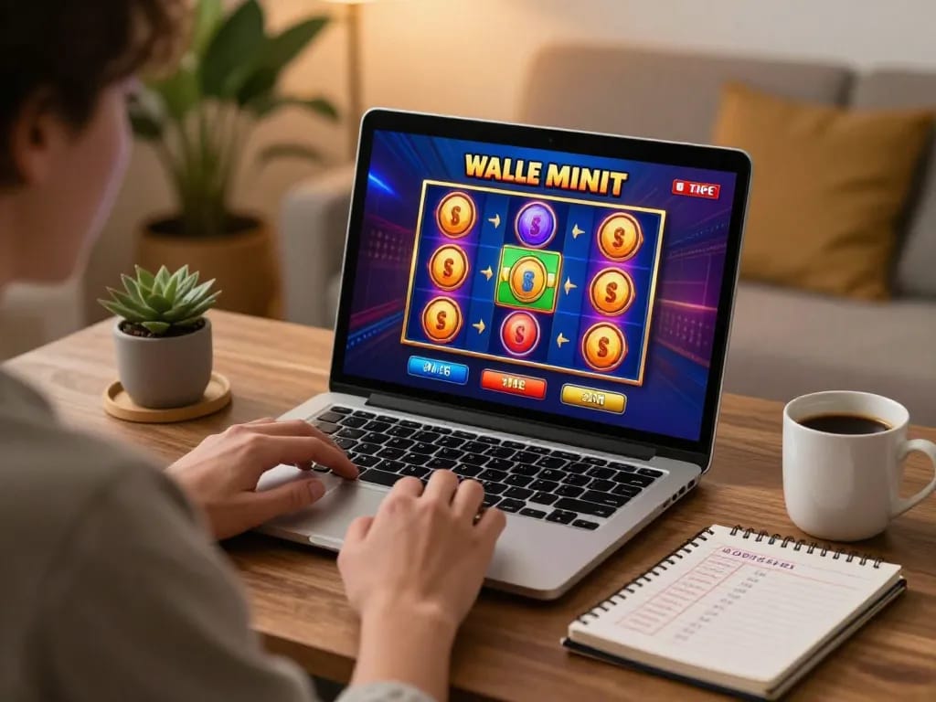 cm88-bet player engaging with an online slot machine game in a cozy home setting