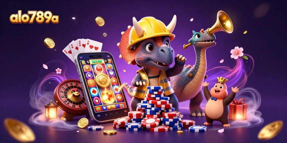 Engage with exciting games at alo789a while the triceratops builds poker chip pyramids.