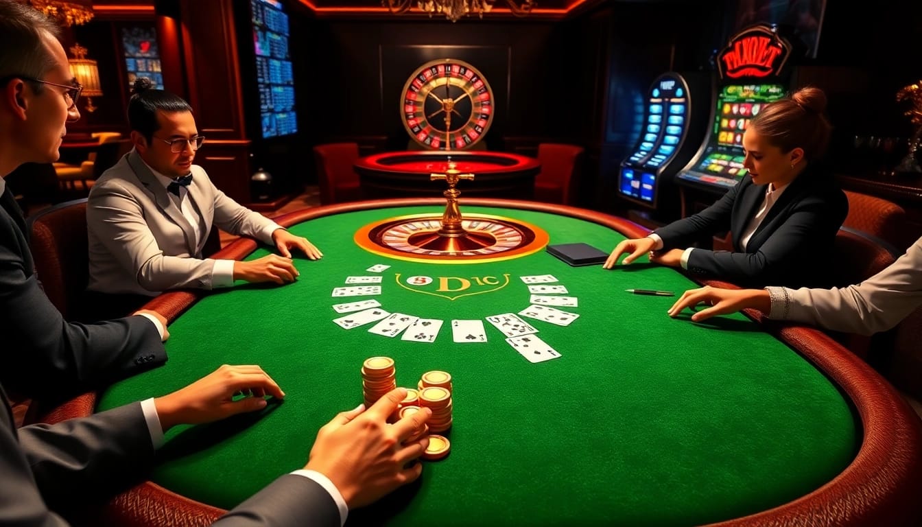 In an upscale casino, players enjoy a thrilling game at Thabet's vibrant poker table.