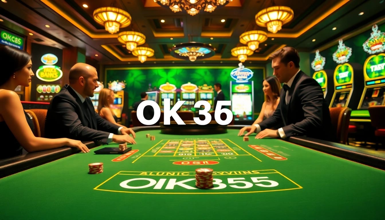 Players enjoy a thrilling blackjack game at the luxurious OK365 com casino table, emphasizing excitement and professionalism.