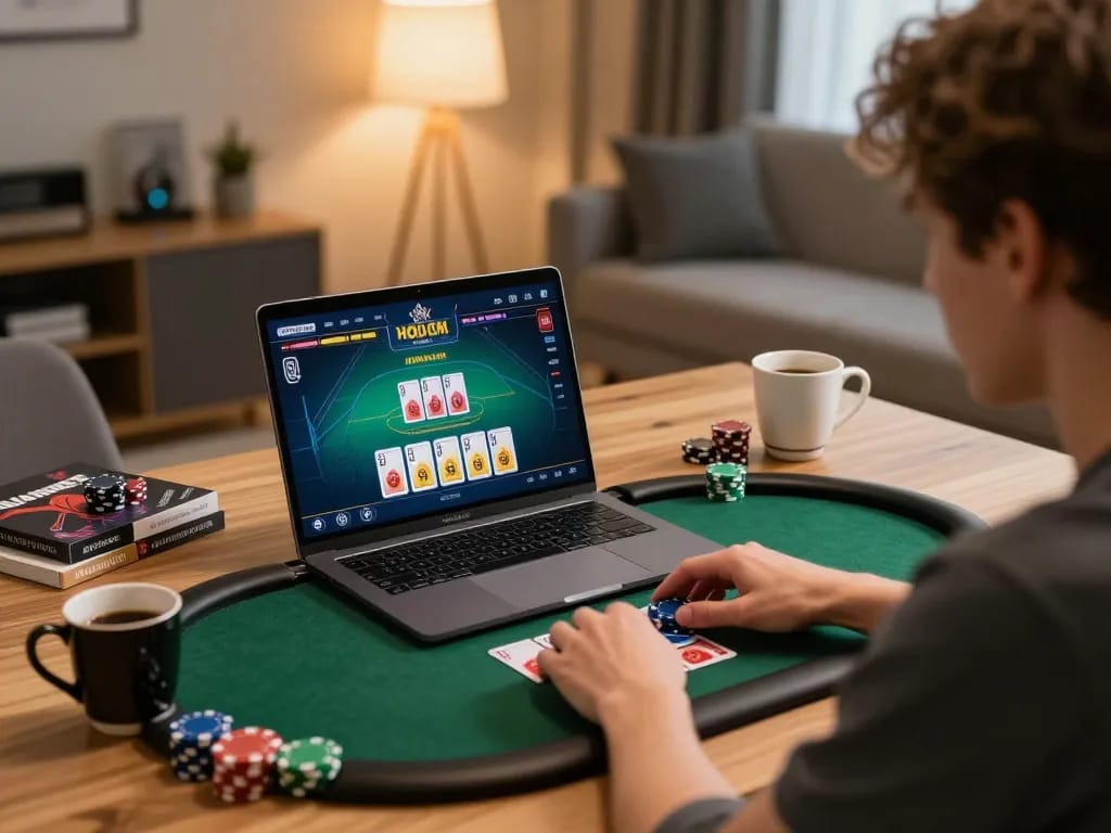 Engaging online poker gameplay on https://sky88.foo/ showcasing Texas Hold'em strategy and focused player.