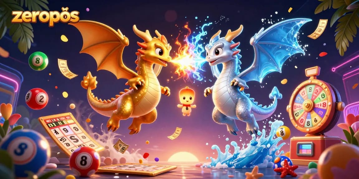 Experience the excitement of zeropos with twin cartoon dragons battling in a vibrant casino adventure.
