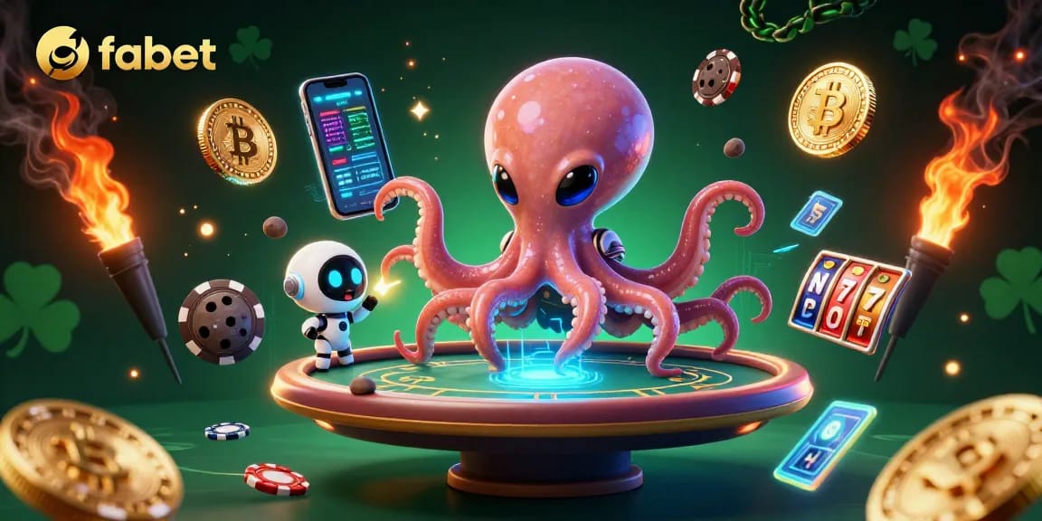 Experience winning excitement at fabet with a lively scene featuring a playful alien octopus at a poker table surrounded by slot game elements.