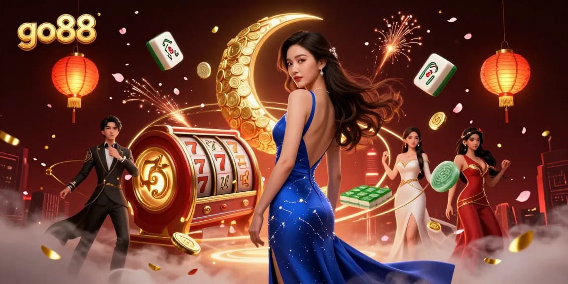 Engage with go88’s exciting casino world featuring vibrant slot reels and an elegant host.