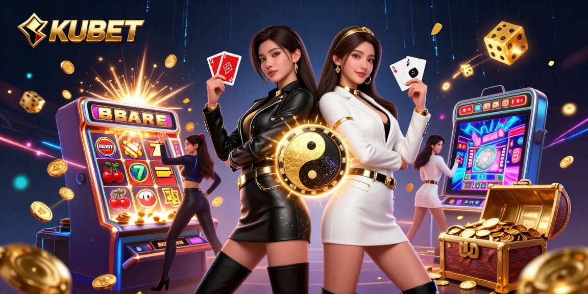 KUBET's dynamic casino scene showcasing twin Asian women with playing cards amid a jackpot explosion.