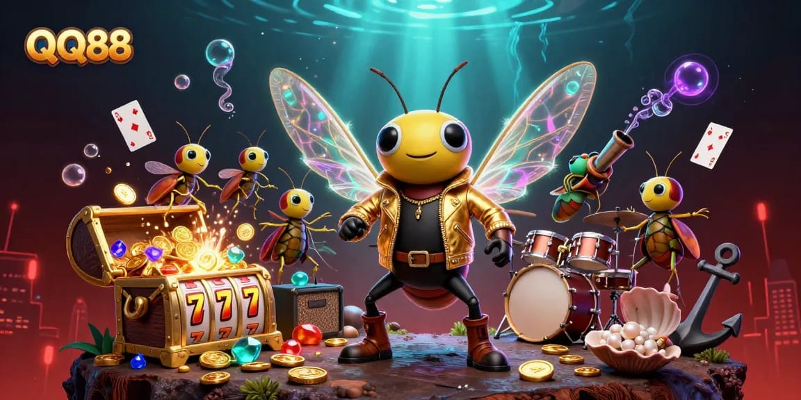 Experience the excitement of QQ88 with vibrant 3D illustrations of a rock star cicada and casino elements.