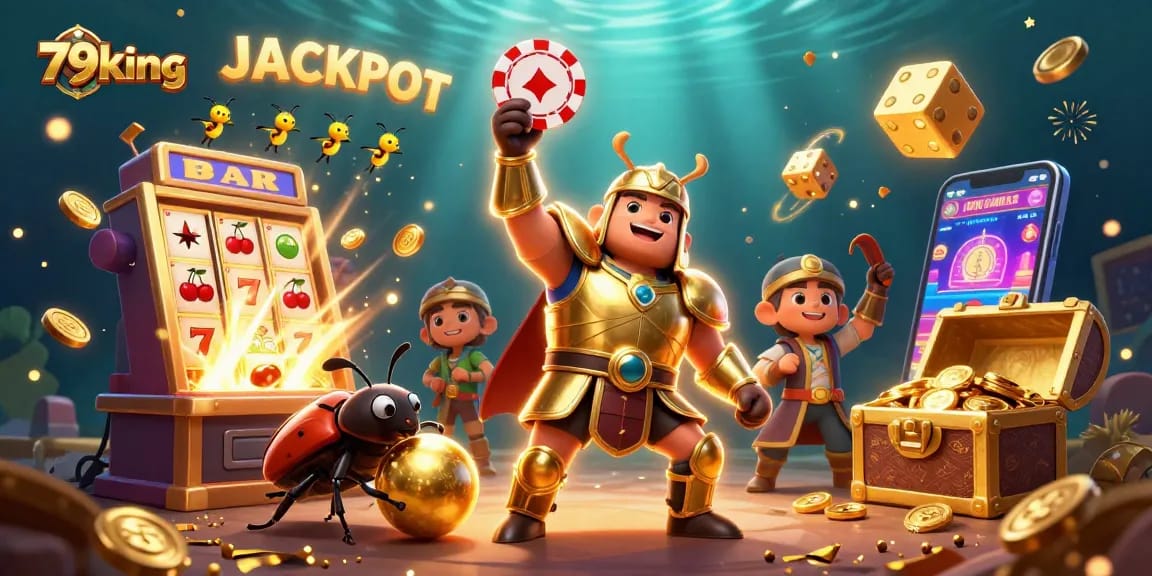 79king celebrates victory with a hercules beetle and a jackpot-themed casino scene bursting with excitement and action.