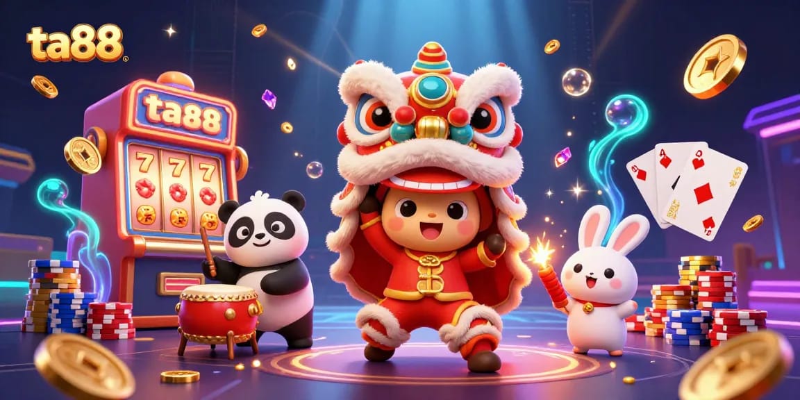 Experience ta88 with an exciting 3D lion dance surrounded by cascading jackpots and vibrant casino elements.