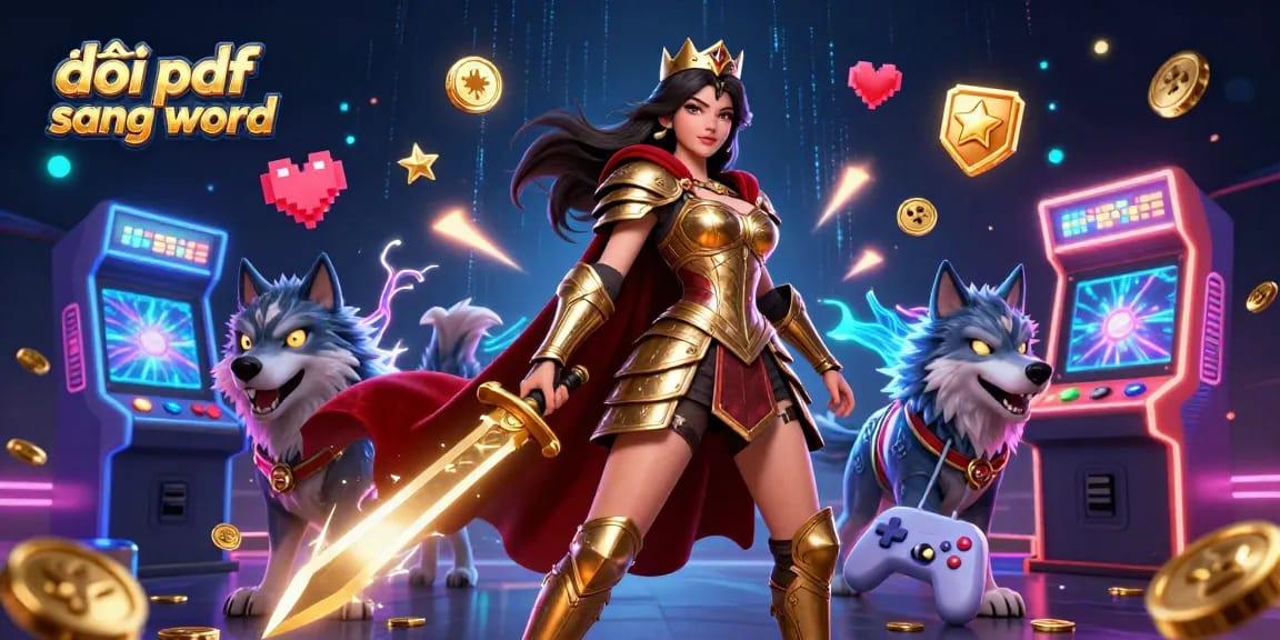 Engage with đổi pdf sang word amidst a vibrant casino gaming scene, featuring armor-clad warriors and glowing arcade elements.