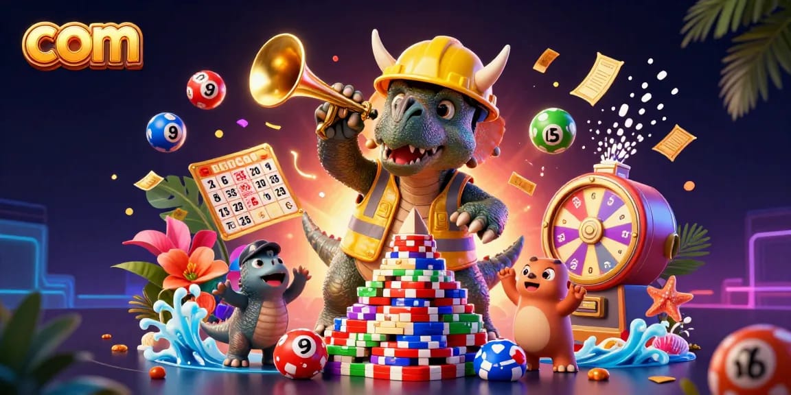 Engage with com's vibrant gaming scene featuring a triceratops and celebrations in a dynamic casino atmosphere.
