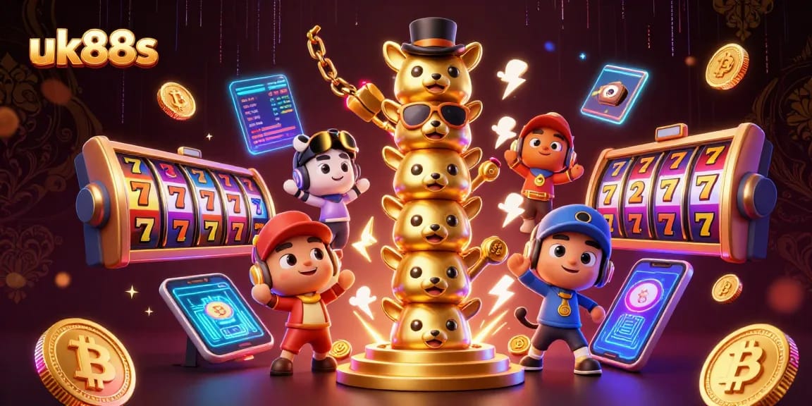 uk88s showcases vibrant slot reels and crypto coins in a lively casino scene.