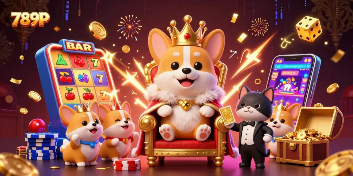 Experience thrilling gaming with 789P's royal corgi and dazzling casino elements.